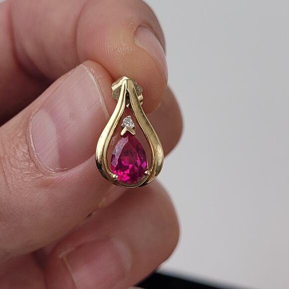 Ruby or Topaz and Diamond Teardrop Earrings Set in 10K Yellow Gold - Picture 2 of 7
